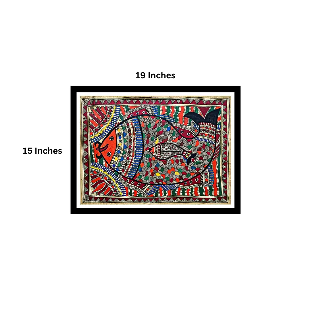  Framed Madhubani Painting of Fish for Livingroom, Bedroom, Office & Home Wall Decoration